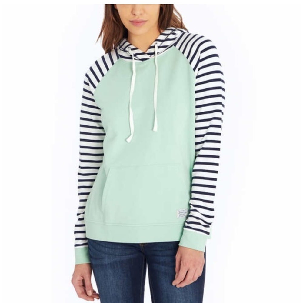 Orvis Color Block Hoodie Womens Lightweight Seafoam Green Navy Blue Stripe Med